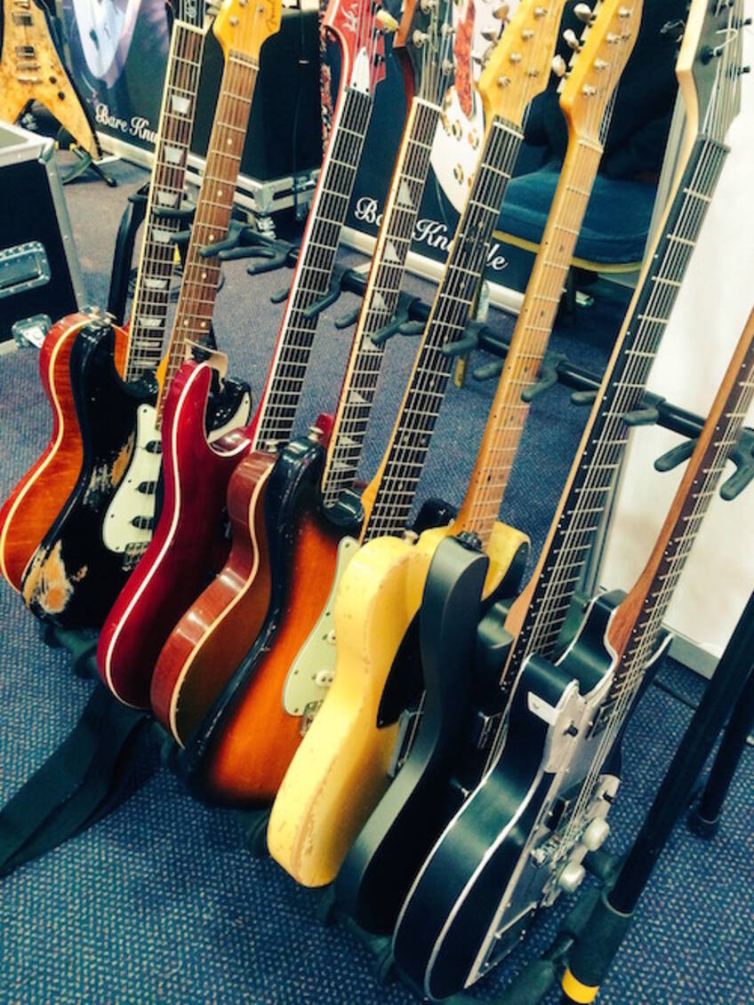 Guitars on show at the Bare Knuckle stand The Guitar Show 2016