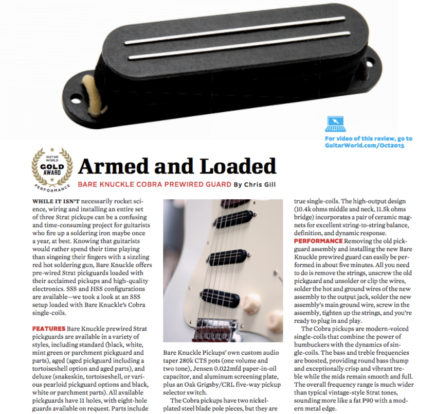 Cobra Strat Prewired Pickguard Wins Gold Guitar World Magazine